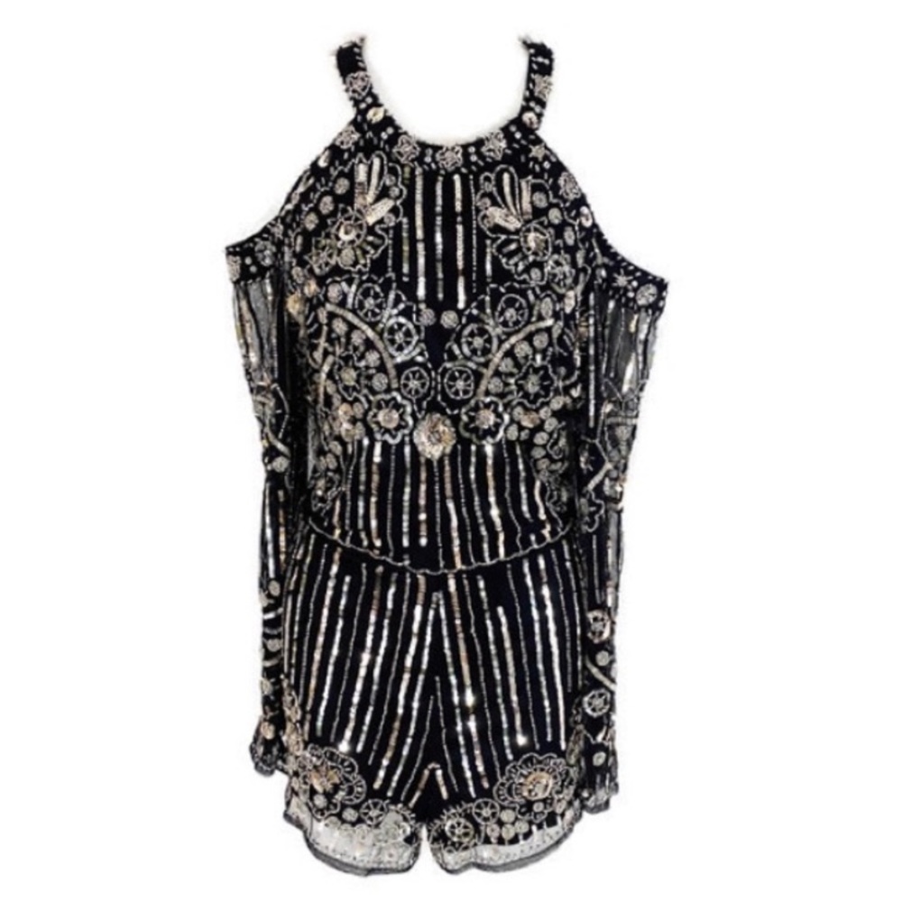 ASOS black silver sequin cold shoulder romper